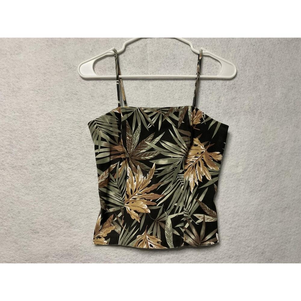 Be Smart Tank Top Womens‎ Small Black Green Brown Leaf Print Strap Lined USA Y2K